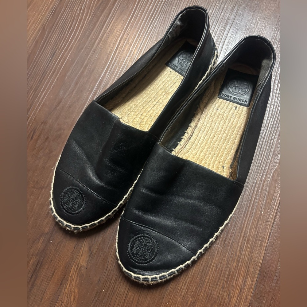 Tory Burch Poppy Logo Espadrille flat black leather canvas  women’s 9M